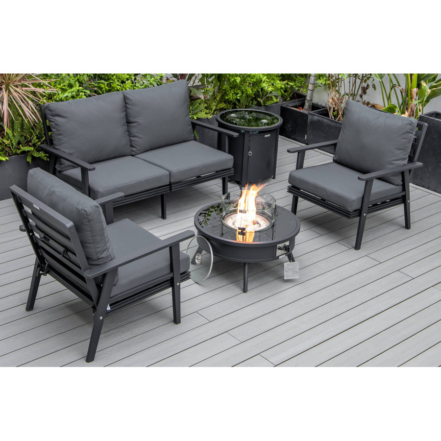 LeisureMod Walbrooke Modern Black Patio Conversation With Round Fire Pit & Tank Holder - Charcoal