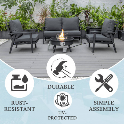 LeisureMod Walbrooke Modern Black Patio Conversation With Round Fire Pit & Tank Holder - Charcoal