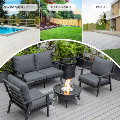 LeisureMod Walbrooke Modern Black Patio Conversation With Round Fire Pit & Tank Holder - Charcoal