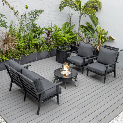 LeisureMod Walbrooke Modern Black Patio Conversation With Round Fire Pit & Tank Holder - Charcoal