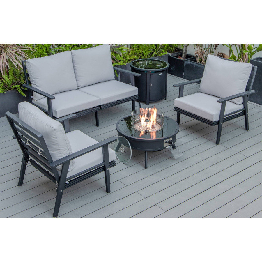 LeisureMod Walbrooke Modern Black Patio Conversation With Round Fire Pit & Tank Holder - Light Gray