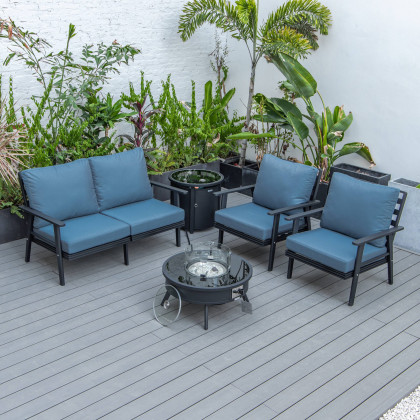 LeisureMod Walbrooke Modern Black Patio Conversation With Round Fire Pit & Tank Holder - Navy Blue