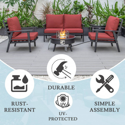 LeisureMod Walbrooke Modern Black Patio Conversation With Round Fire Pit & Tank Holder - Red