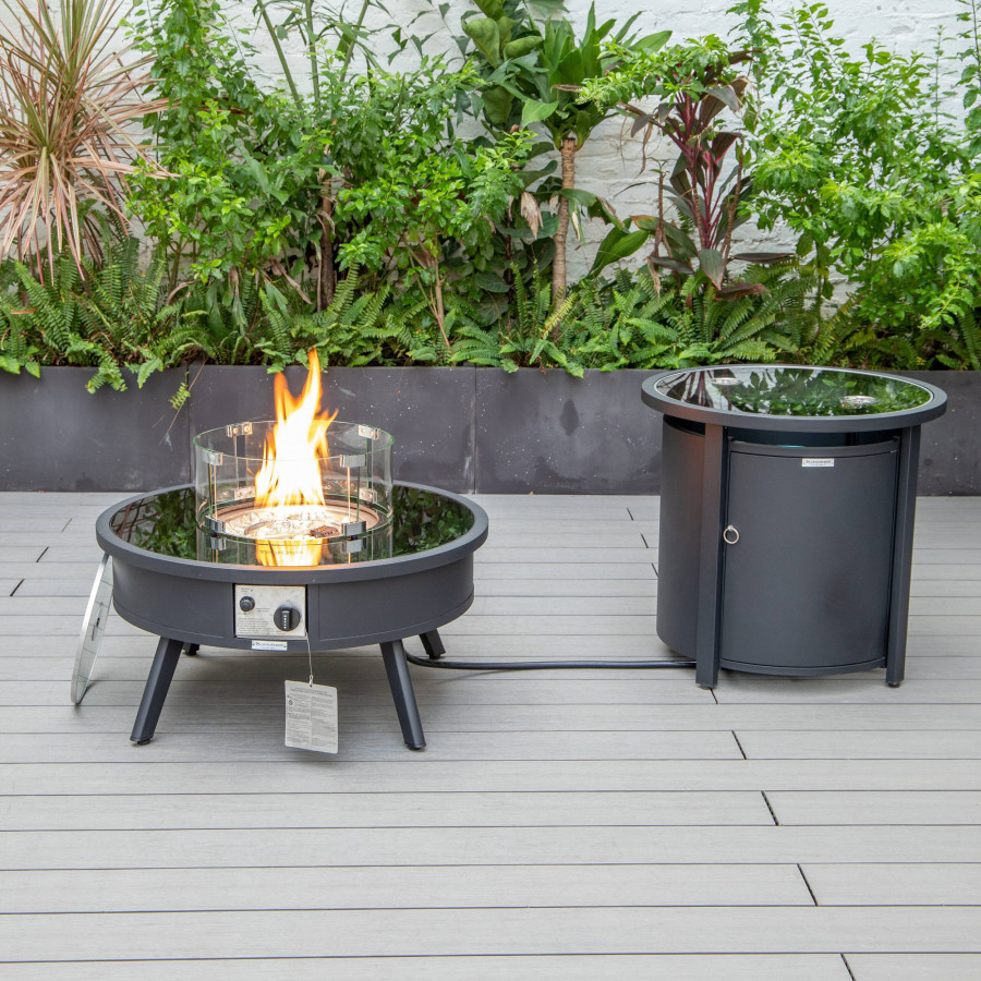 LeisureMod Walbrooke Outdoor Patio Round Fire Pit and Tank Holder - Black