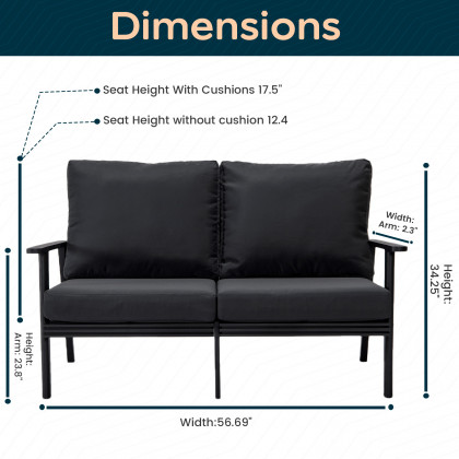 LeisureMod Walbrooke Modern Outdoor Patio Loveseat with Black Aluminum Frame and Removable Cushions - Charcoal