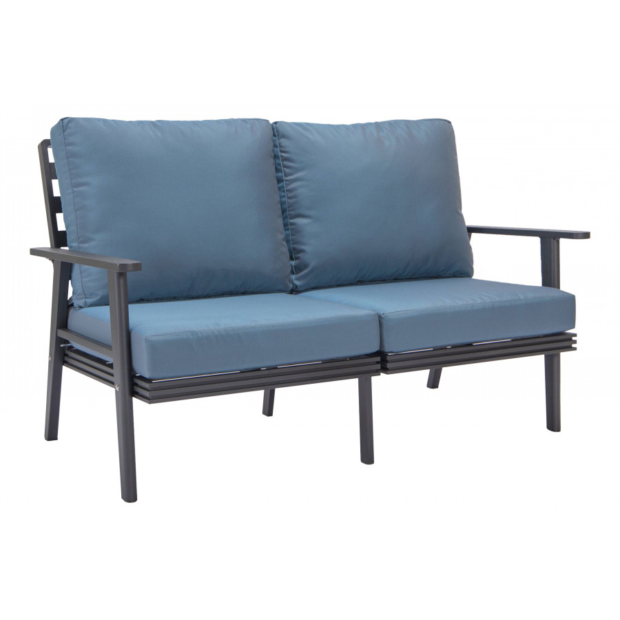 LeisureMod Walbrooke Modern Outdoor Patio Loveseat with Black Aluminum Frame and Removable Cushions - Navy Blue
