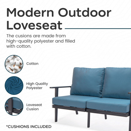 LeisureMod Walbrooke Modern Outdoor Patio Loveseat with Black Aluminum Frame and Removable Cushions - Navy Blue