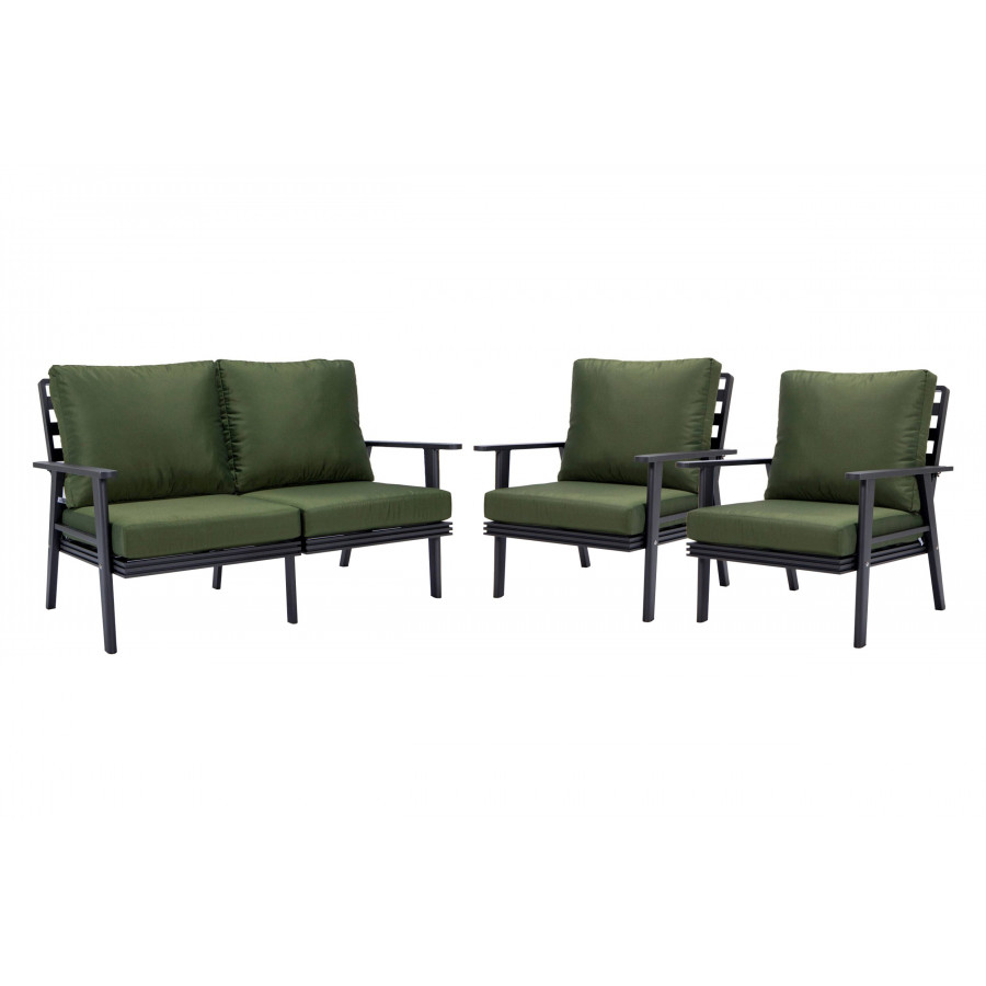 LeisureMod Walbrooke Modern 3-Piece Outdoor Patio Set with Black Aluminum Frame - Green