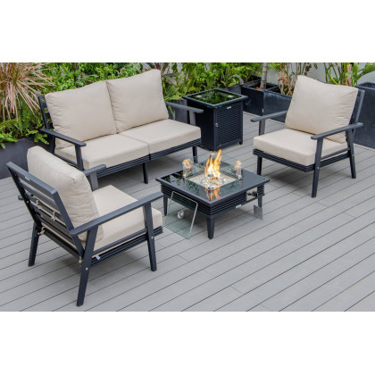 LeisureMod - Walbrooke Modern Black Patio Conversation With Square Fire Pit With Slats Design & Tank Holder