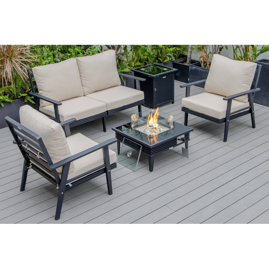 LeisureMod Walbrooke Modern Black Patio Conversation With Square Fire Pit With Slats Design & Tank Holder - Beige