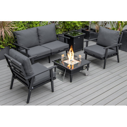 LeisureMod - Walbrooke Modern Black Patio Conversation With Square Fire Pit With Slats Design & Tank Holder