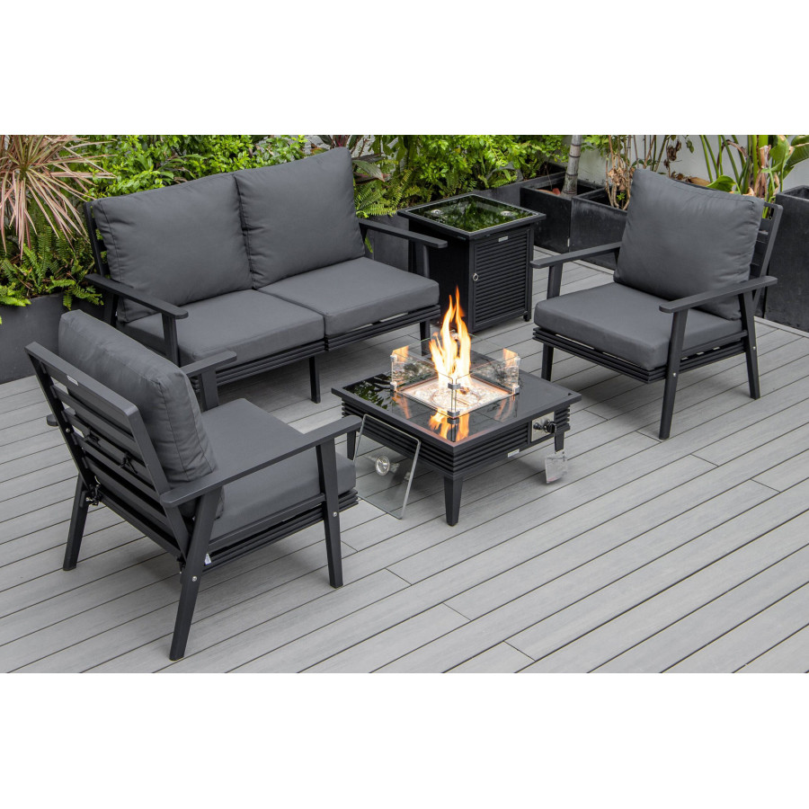 LeisureMod Walbrooke Modern Black Patio Conversation With Square Fire Pit With Slats Design & Tank Holder - Charcoal
