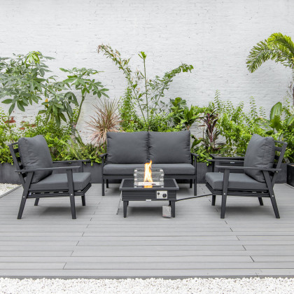 LeisureMod Walbrooke Modern Black Patio Conversation With Square Fire Pit With Slats Design & Tank Holder - Charcoal