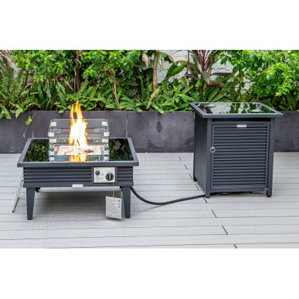 LeisureMod Walbrooke Modern Black Patio Conversation With Square Fire Pit With Slats Design & Tank Holder - Charcoal