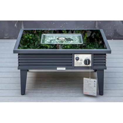 LeisureMod Walbrooke Modern Black Patio Conversation With Square Fire Pit With Slats Design & Tank Holder - Charcoal