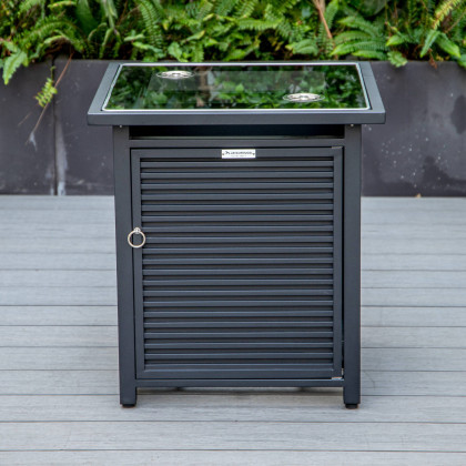 LeisureMod Walbrooke Modern Black Patio Conversation With Square Fire Pit With Slats Design & Tank Holder - Charcoal