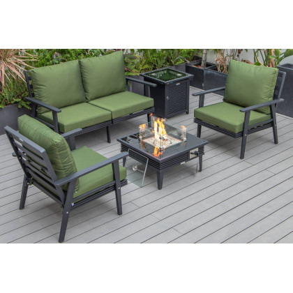 LeisureMod - Walbrooke Modern Black Patio Conversation With Square Fire Pit With Slats Design & Tank Holder