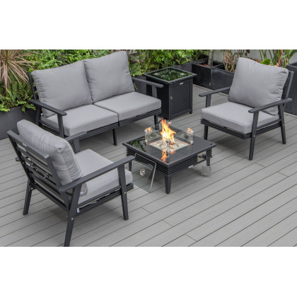 LeisureMod - Walbrooke Modern Black Patio Conversation With Square Fire Pit With Slats Design & Tank Holder
