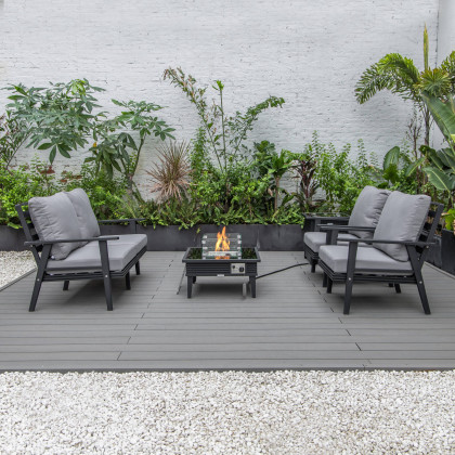 LeisureMod Walbrooke Modern Black Patio Conversation With Square Fire Pit With Slats Design & Tank Holder - Gray