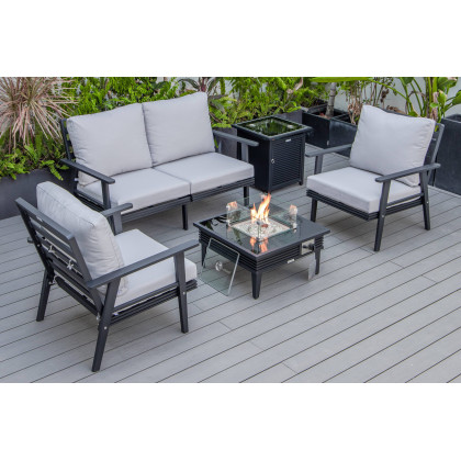 LeisureMod - Walbrooke Modern Black Patio Conversation With Square Fire Pit With Slats Design & Tank Holder