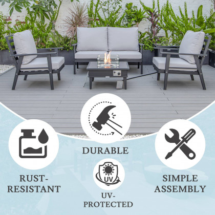 LeisureMod Walbrooke Modern Black Patio Conversation With Square Fire Pit With Slats Design & Tank Holder - Light Gray