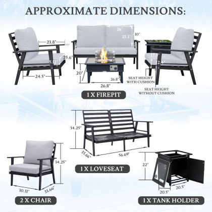 LeisureMod Walbrooke Modern Black Patio Conversation With Square Fire Pit With Slats Design & Tank Holder - Light Gray
