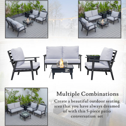 LeisureMod Walbrooke Modern Black Patio Conversation With Square Fire Pit With Slats Design & Tank Holder - Light Gray