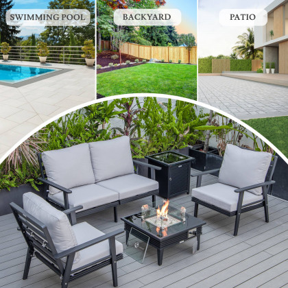 LeisureMod Walbrooke Modern Black Patio Conversation With Square Fire Pit With Slats Design & Tank Holder - Light Gray