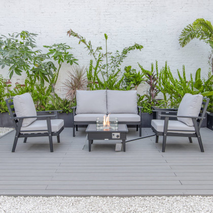 LeisureMod Walbrooke Modern Black Patio Conversation With Square Fire Pit With Slats Design & Tank Holder - Light Gray