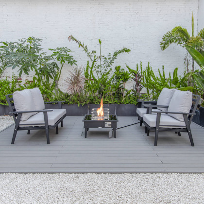 LeisureMod Walbrooke Modern Black Patio Conversation With Square Fire Pit With Slats Design & Tank Holder - Light Gray
