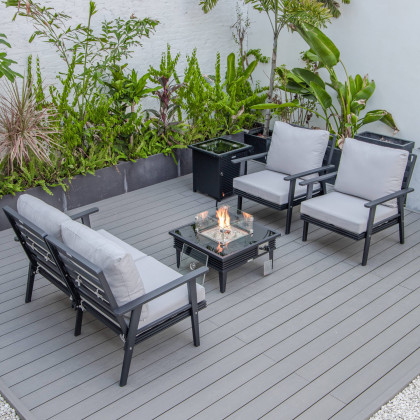LeisureMod Walbrooke Modern Black Patio Conversation With Square Fire Pit With Slats Design & Tank Holder - Light Gray