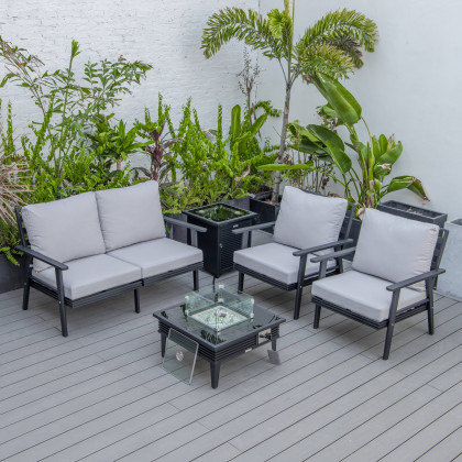 LeisureMod Walbrooke Modern Black Patio Conversation With Square Fire Pit With Slats Design & Tank Holder - Light Gray