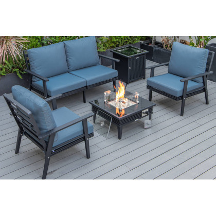 LeisureMod - Walbrooke Modern Black Patio Conversation With Square Fire Pit With Slats Design & Tank Holder