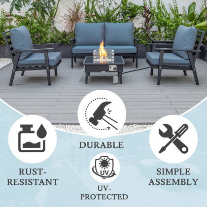 LeisureMod Walbrooke Modern Black Patio Conversation With Square Fire Pit With Slats Design & Tank Holder - Navy Blue