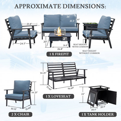 LeisureMod Walbrooke Modern Black Patio Conversation With Square Fire Pit With Slats Design & Tank Holder - Navy Blue