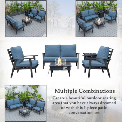 LeisureMod Walbrooke Modern Black Patio Conversation With Square Fire Pit With Slats Design & Tank Holder - Navy Blue
