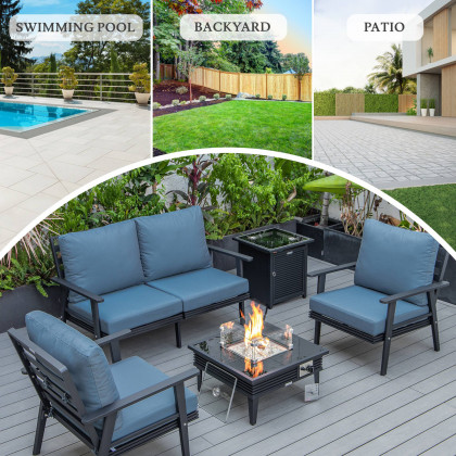 LeisureMod Walbrooke Modern Black Patio Conversation With Square Fire Pit With Slats Design & Tank Holder - Navy Blue