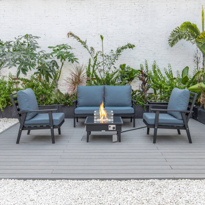 LeisureMod Walbrooke Modern Black Patio Conversation With Square Fire Pit With Slats Design & Tank Holder - Navy Blue