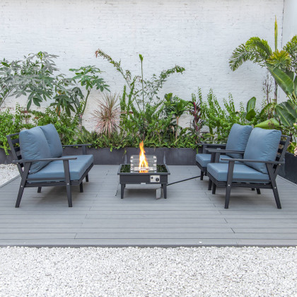 LeisureMod Walbrooke Modern Black Patio Conversation With Square Fire Pit With Slats Design & Tank Holder - Navy Blue