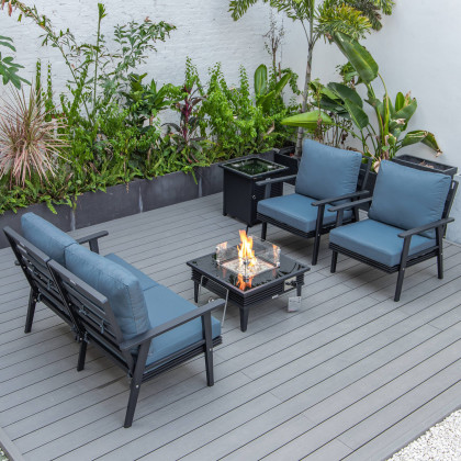 LeisureMod Walbrooke Modern Black Patio Conversation With Square Fire Pit With Slats Design & Tank Holder - Navy Blue