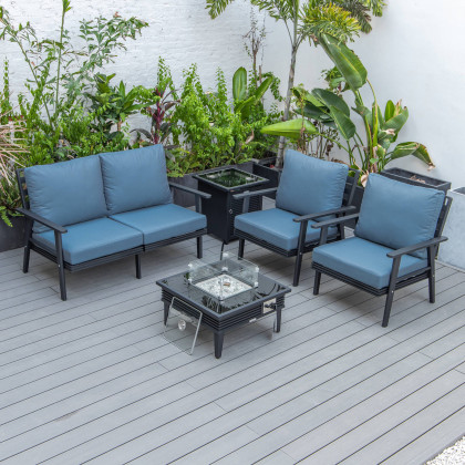 LeisureMod Walbrooke Modern Black Patio Conversation With Square Fire Pit With Slats Design & Tank Holder - Navy Blue