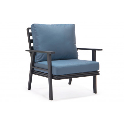 LeisureMod Walbrooke Modern Black Patio Conversation With Square Fire Pit With Slats Design & Tank Holder - Navy Blue