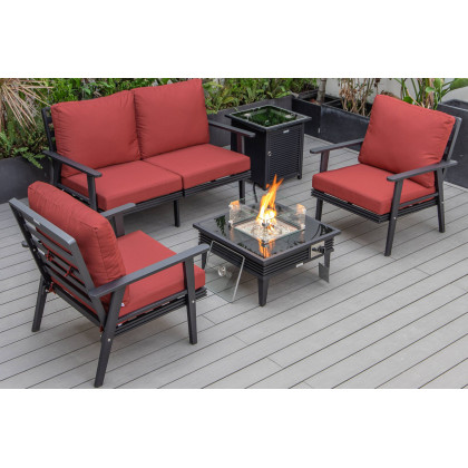 LeisureMod - Walbrooke Modern Black Patio Conversation With Square Fire Pit With Slats Design & Tank Holder