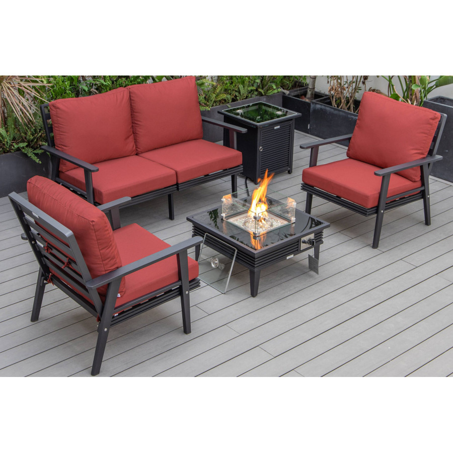 LeisureMod Walbrooke Modern Black Patio Conversation With Square Fire Pit With Slats Design & Tank Holder - Red