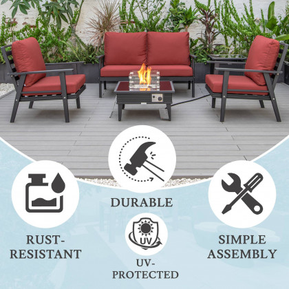 LeisureMod Walbrooke Modern Black Patio Conversation With Square Fire Pit With Slats Design & Tank Holder - Red