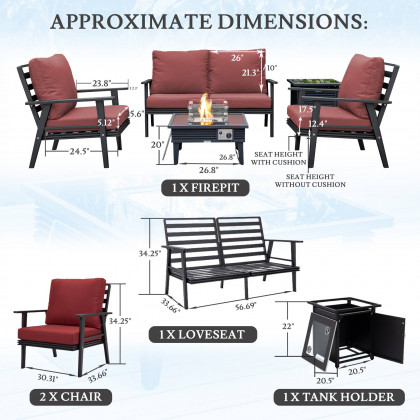 LeisureMod Walbrooke Modern Black Patio Conversation With Square Fire Pit With Slats Design & Tank Holder - Red