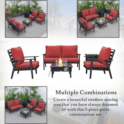 LeisureMod Walbrooke Modern Black Patio Conversation With Square Fire Pit With Slats Design & Tank Holder - Red
