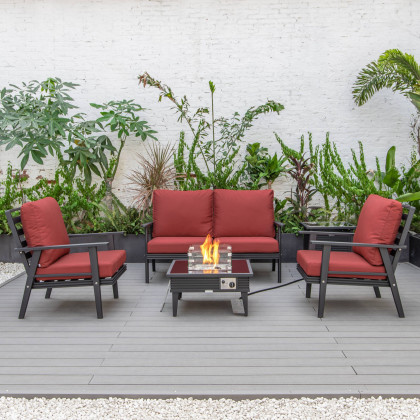LeisureMod Walbrooke Modern Black Patio Conversation With Square Fire Pit With Slats Design & Tank Holder - Red