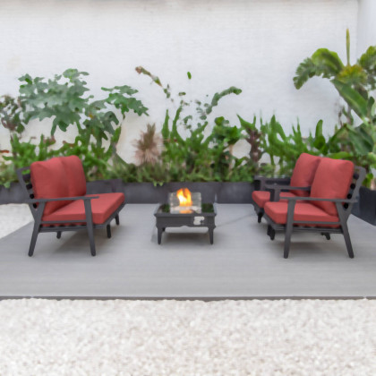 LeisureMod Walbrooke Modern Black Patio Conversation With Square Fire Pit With Slats Design & Tank Holder - Red
