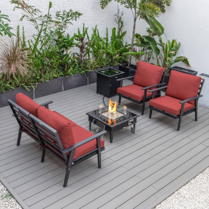 LeisureMod Walbrooke Modern Black Patio Conversation With Square Fire Pit With Slats Design & Tank Holder - Red